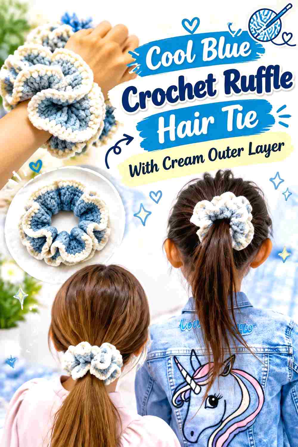 6. Cool Blue Crochet Ruffle Hair Tie With Cream Outer Layer