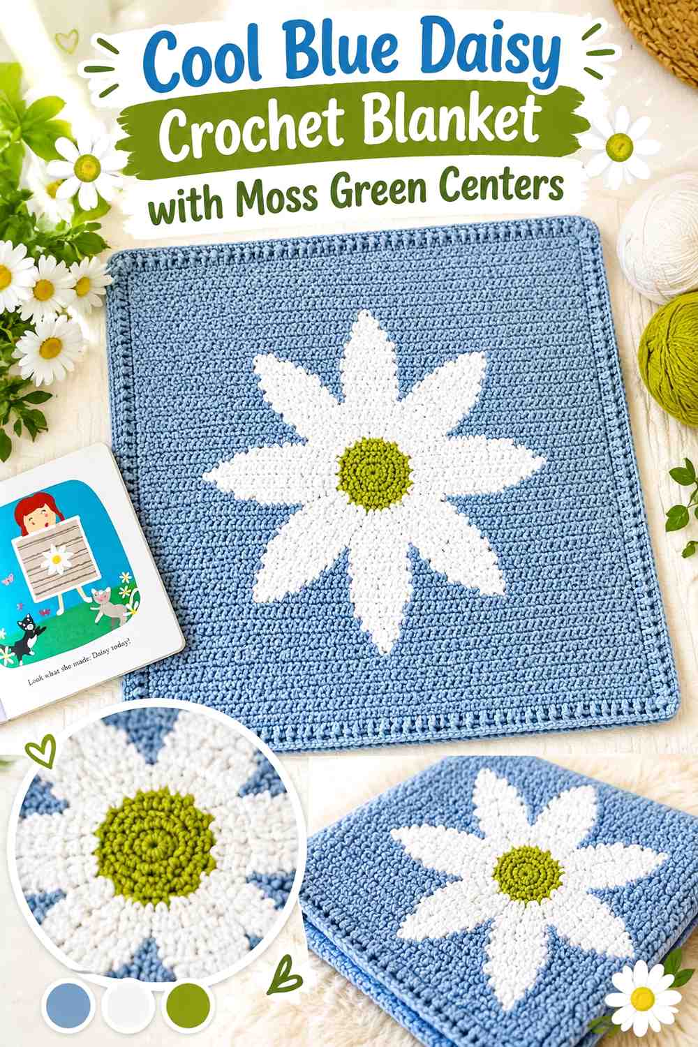 4. Cool Blue Daisy Crochet Blanket With Moss Green Centers