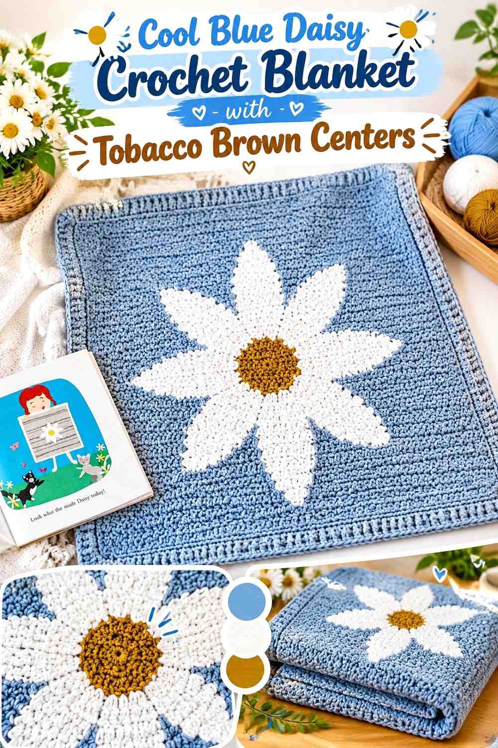4. Cool Blue Daisy Crochet Blanket With Tobacco Brown Centers