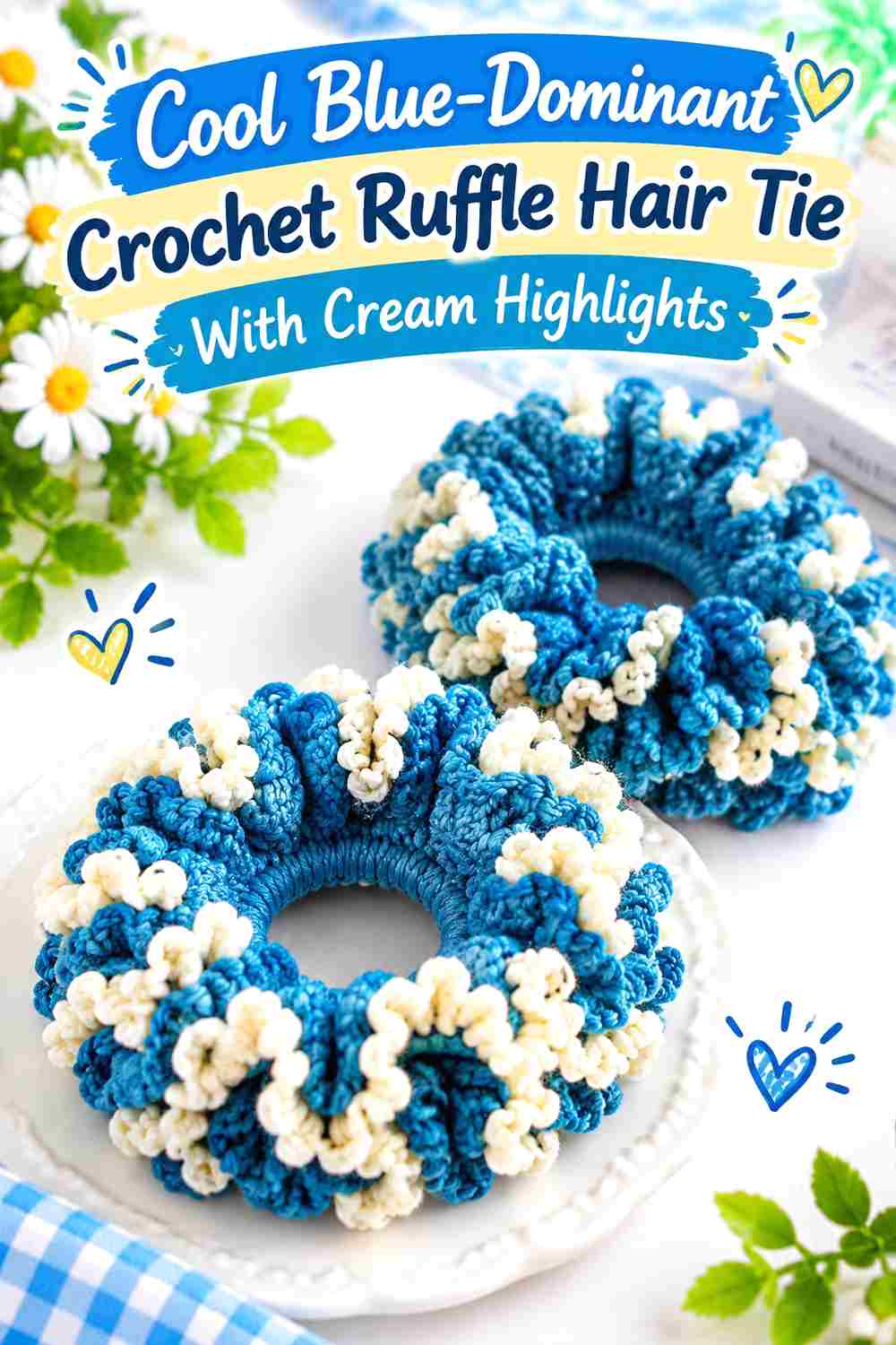 12. Cool Blue Dominant Crochet Ruffle Hair Tie With Cream Highlights