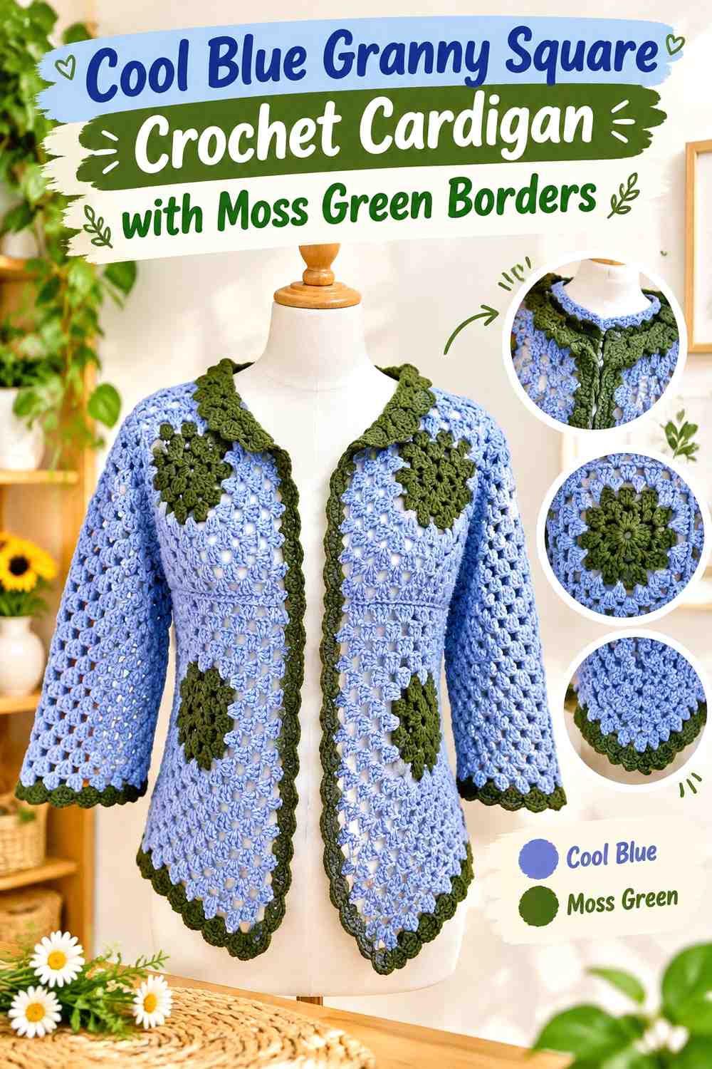 19. Cool Blue Granny Square Crochet Cardigan With Moss Green Borders