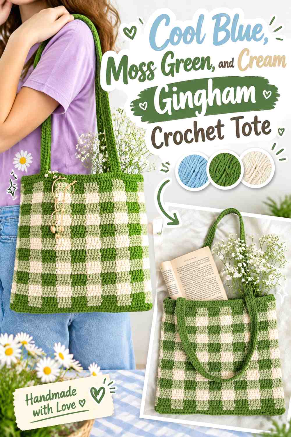 7. Cool Blue Moss Green And Cream Gingham Crochet Tote