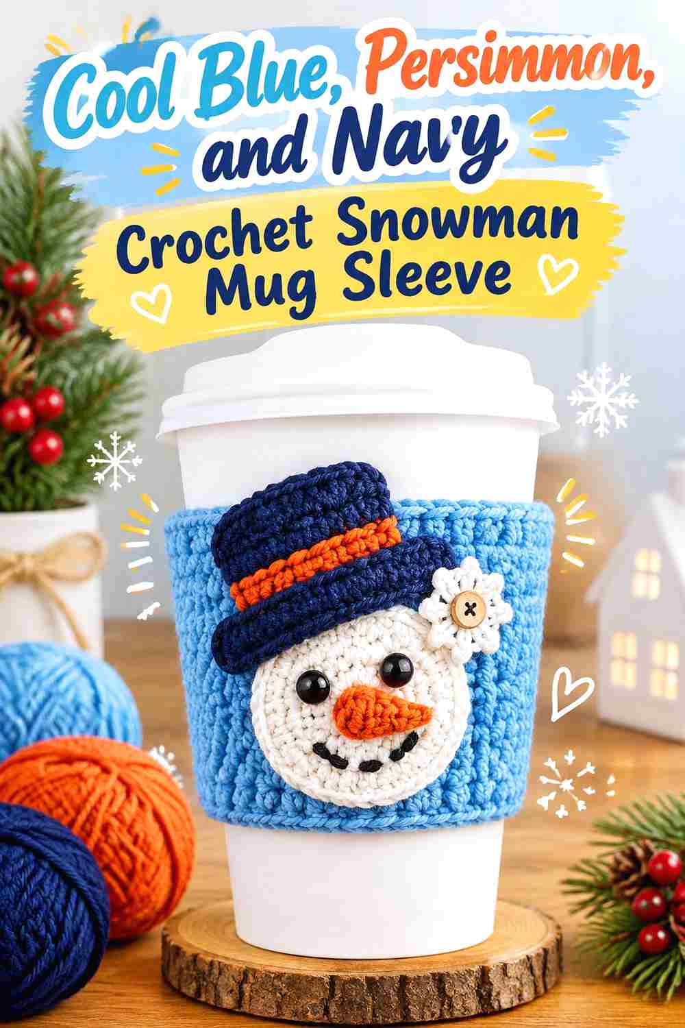 4. Cool Blue Persimmon And Navy Crochet Snowman Mug Sleeve