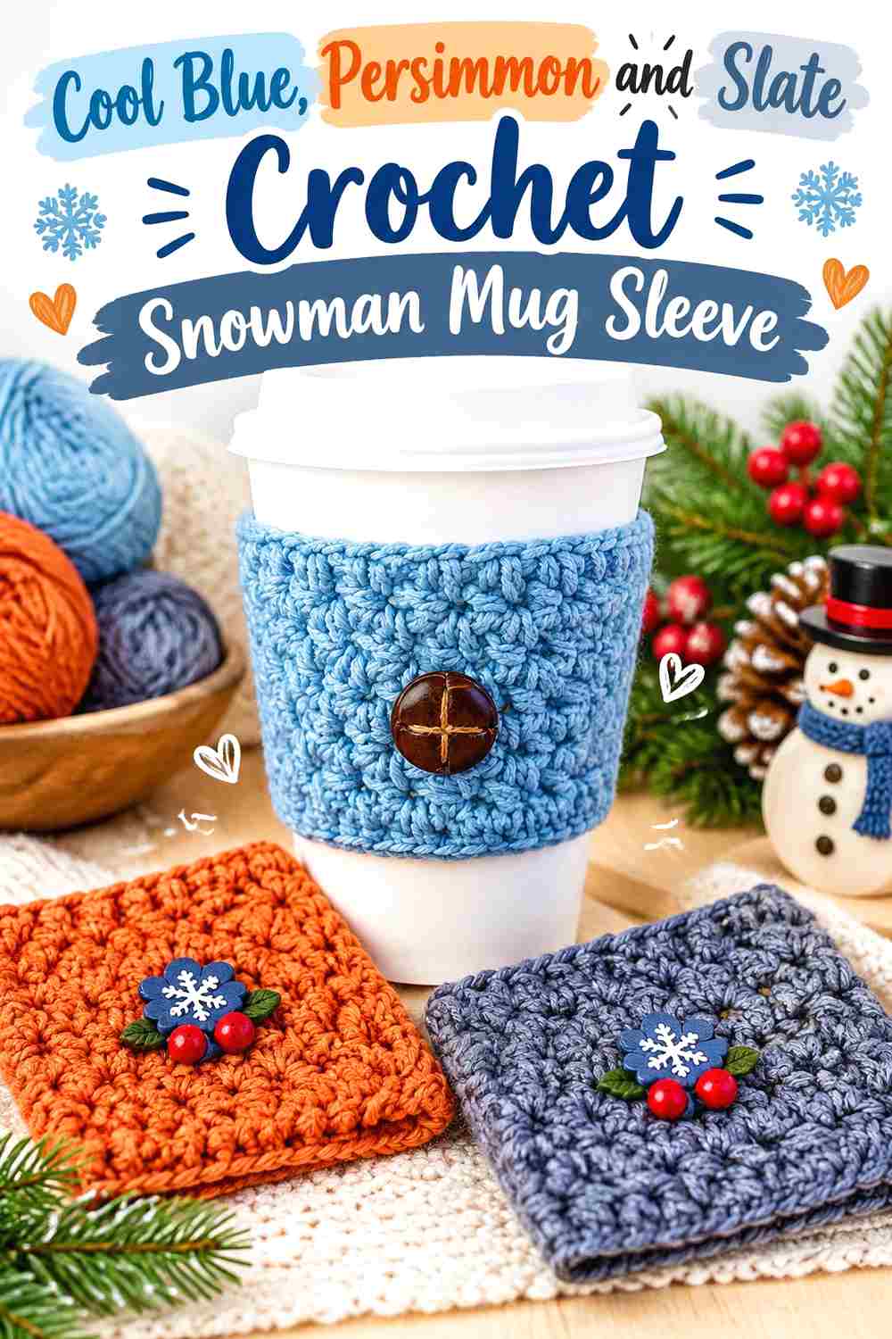 11. Cool Blue Persimmon And Slate Crochet Snowman Mug Sleeve