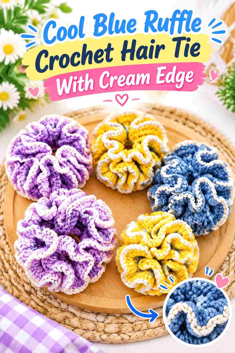 1. Cool Blue Ruffle Crochet Hair Tie With Cream Edge