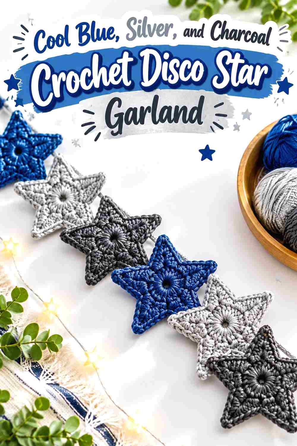 5. Cool Blue Silver And Charcoal Crochet Disco Star Garland