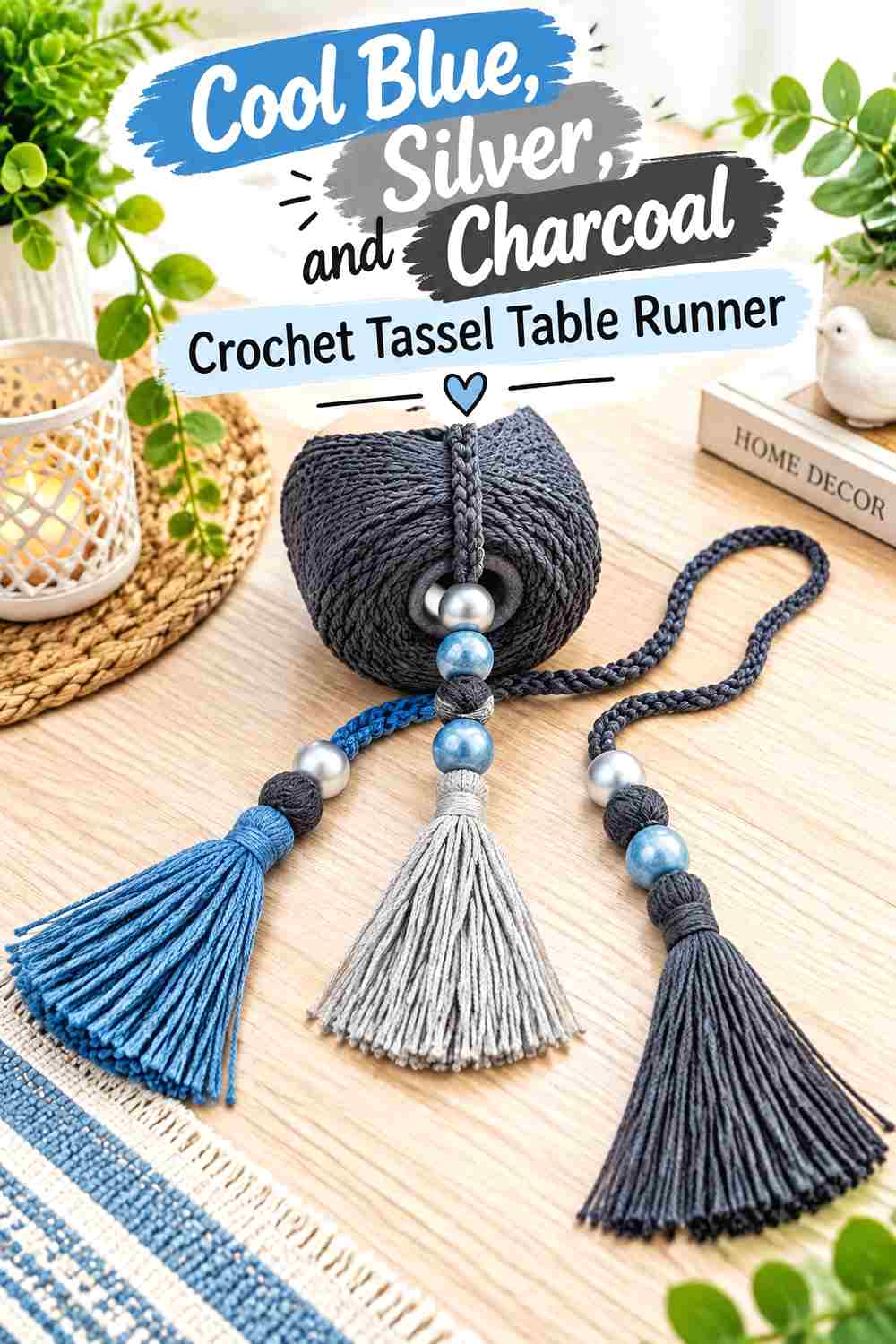 8. Cool Blue Silver And Charcoal Crochet Tassel Table Runner