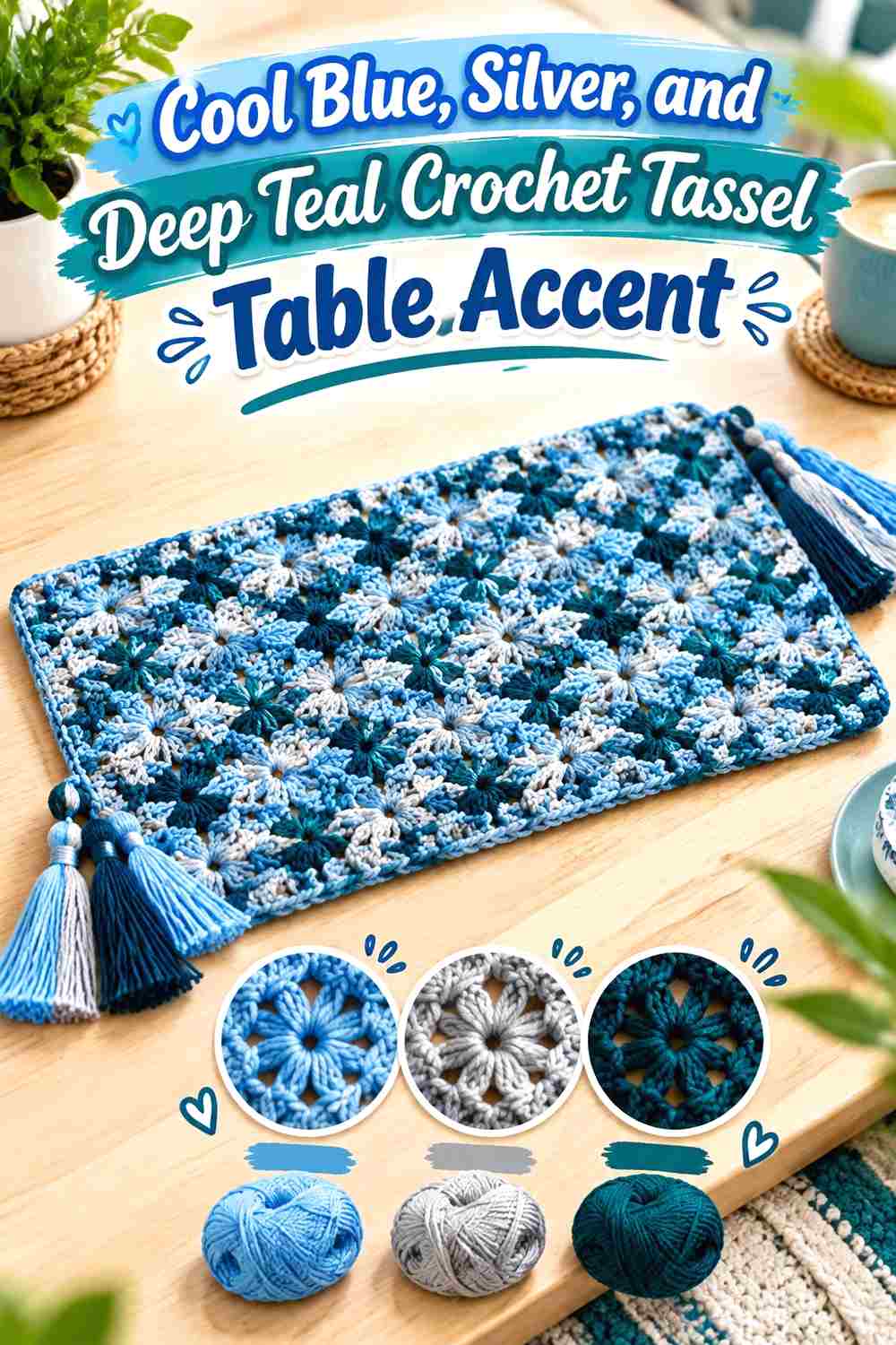 10. Cool Blue Silver And Deep Teal Crochet Tassel Table Accent