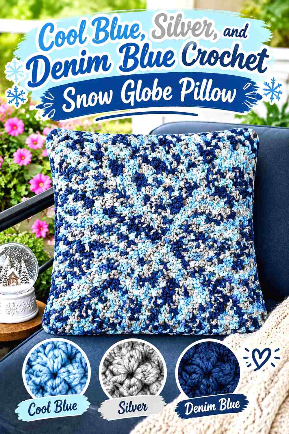 12. Cool Blue Silver And Denim Blue Crochet Snow Globe Pillow