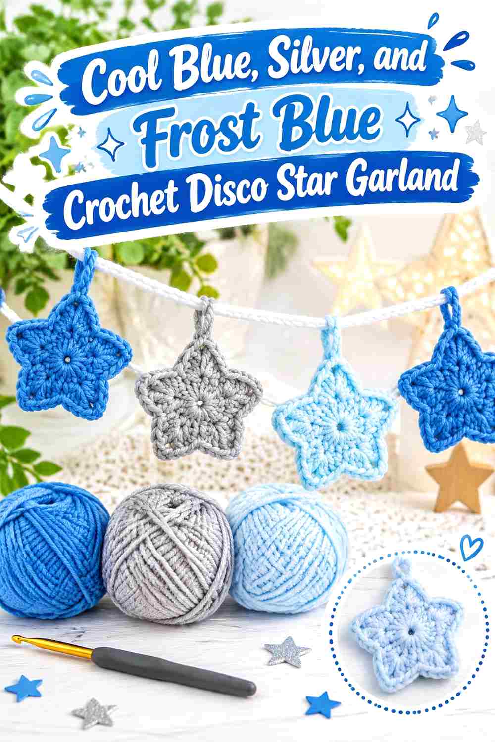 10. Cool Blue Silver And Frost Blue Crochet Disco Star Garland