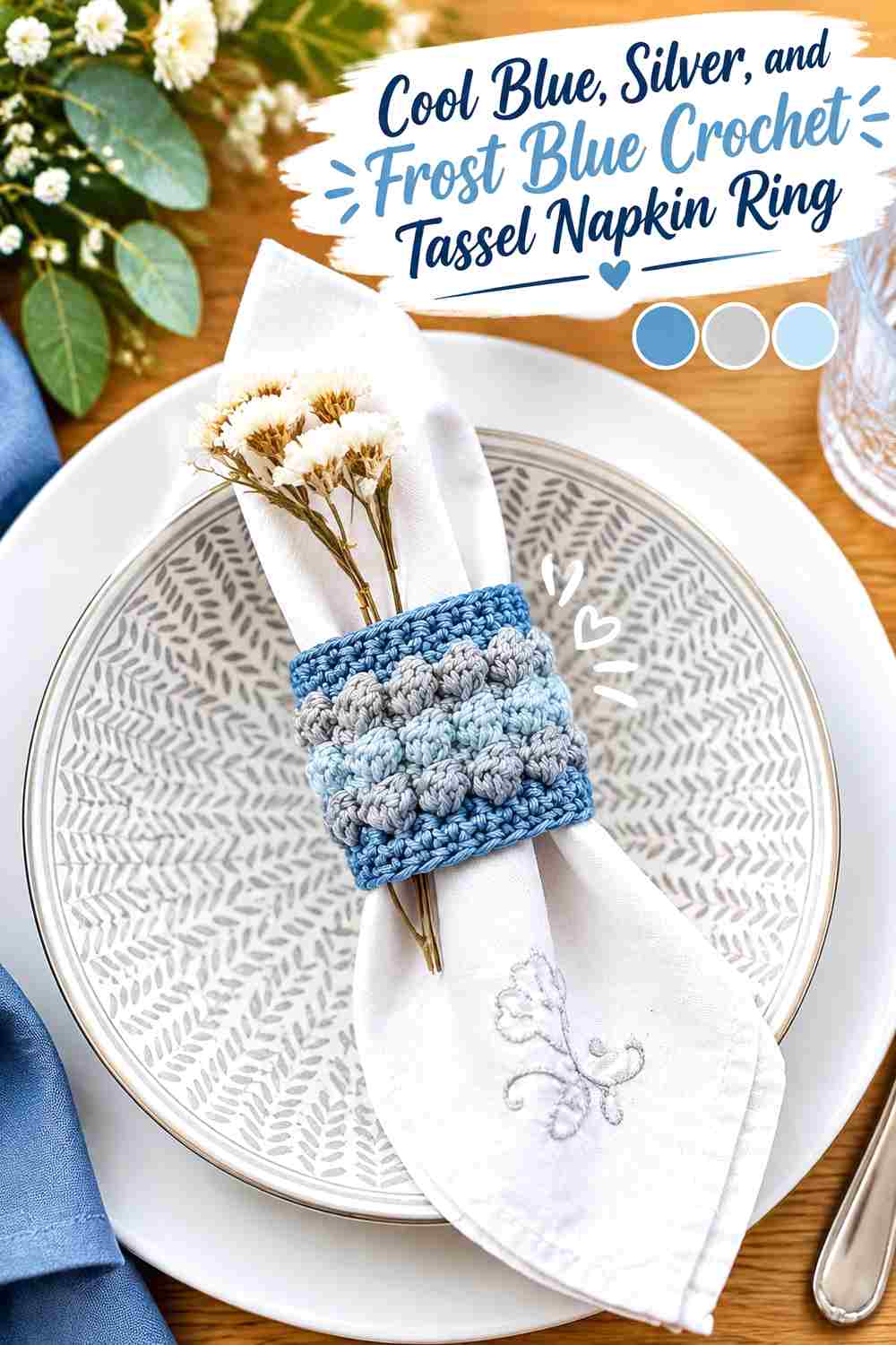 11. Cool Blue Silver And Frost Blue Crochet Tassel Napkin Ring