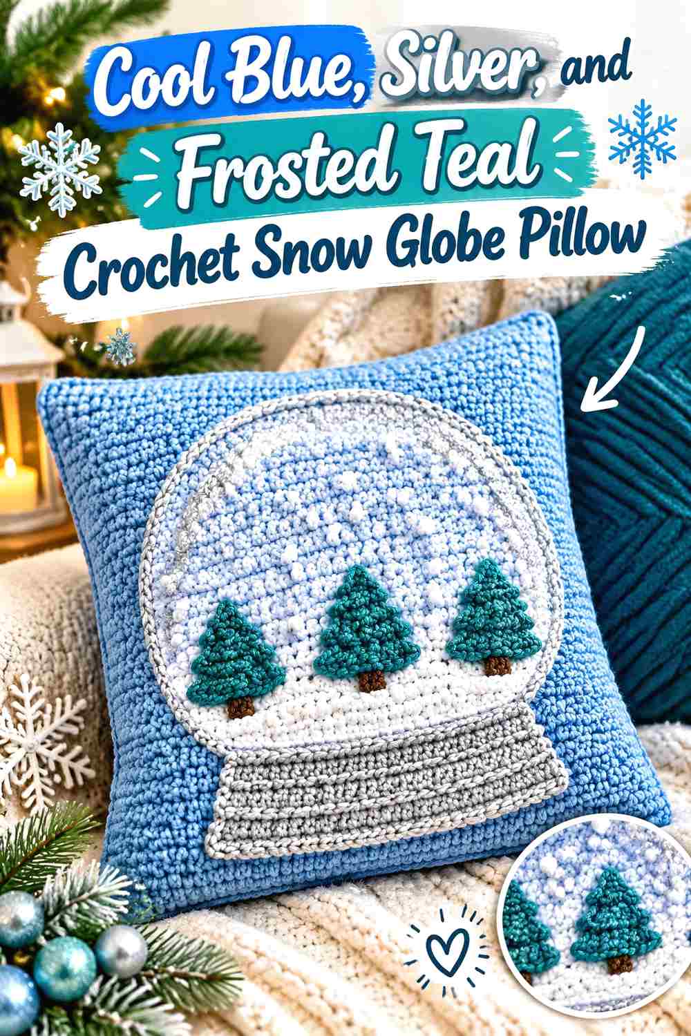 8. Cool Blue Silver And Frosted Teal Crochet Snow Globe Pillow