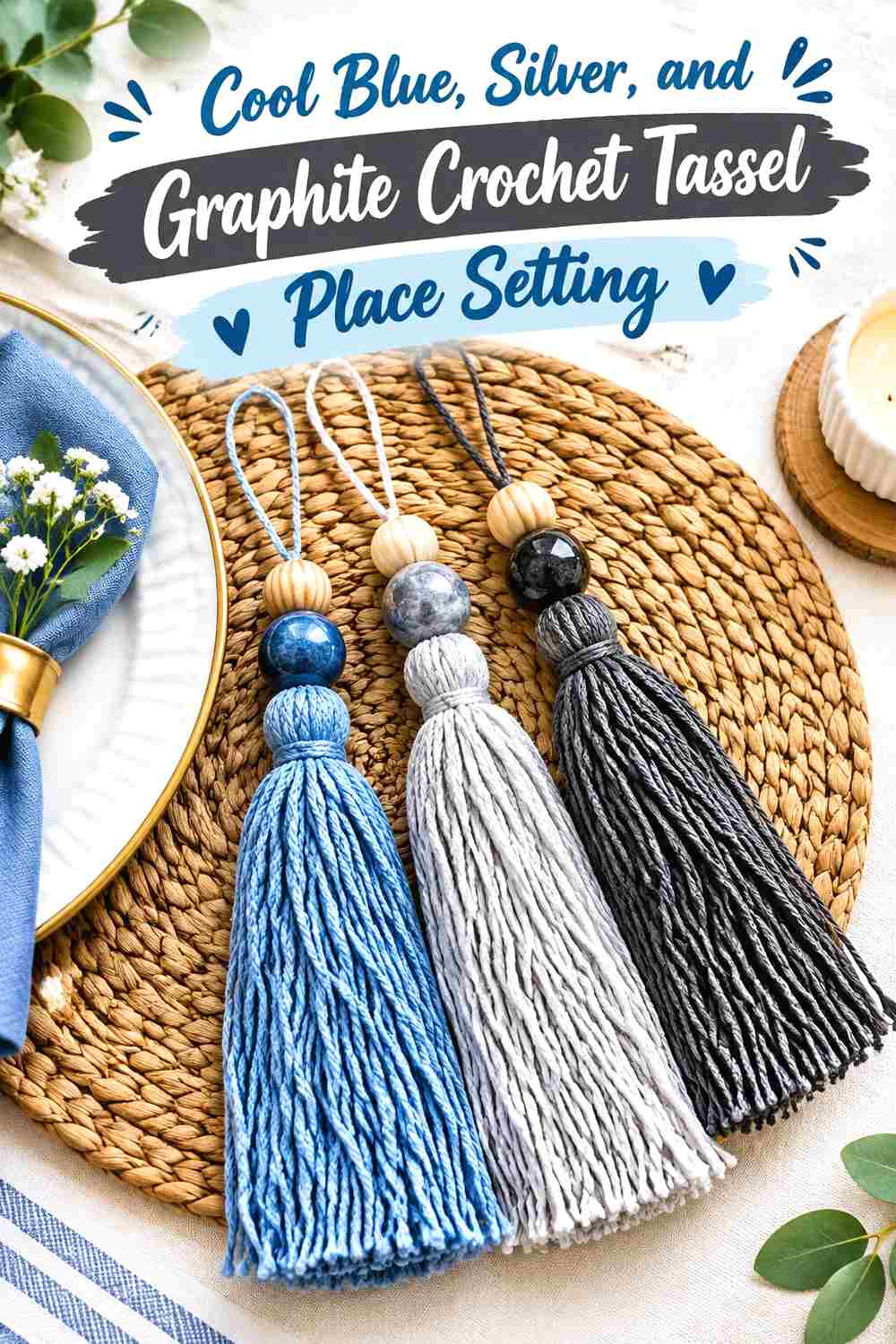 17. Cool Blue Silver And Graphite Crochet Tassel Place Setting