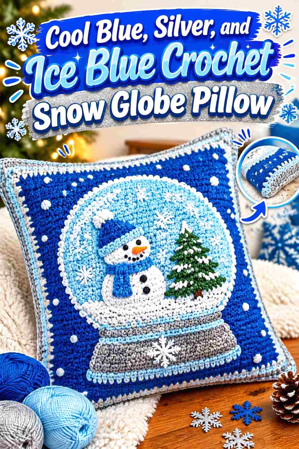 5. Cool Blue Silver And Ice Blue Crochet Snow Globe Pillow