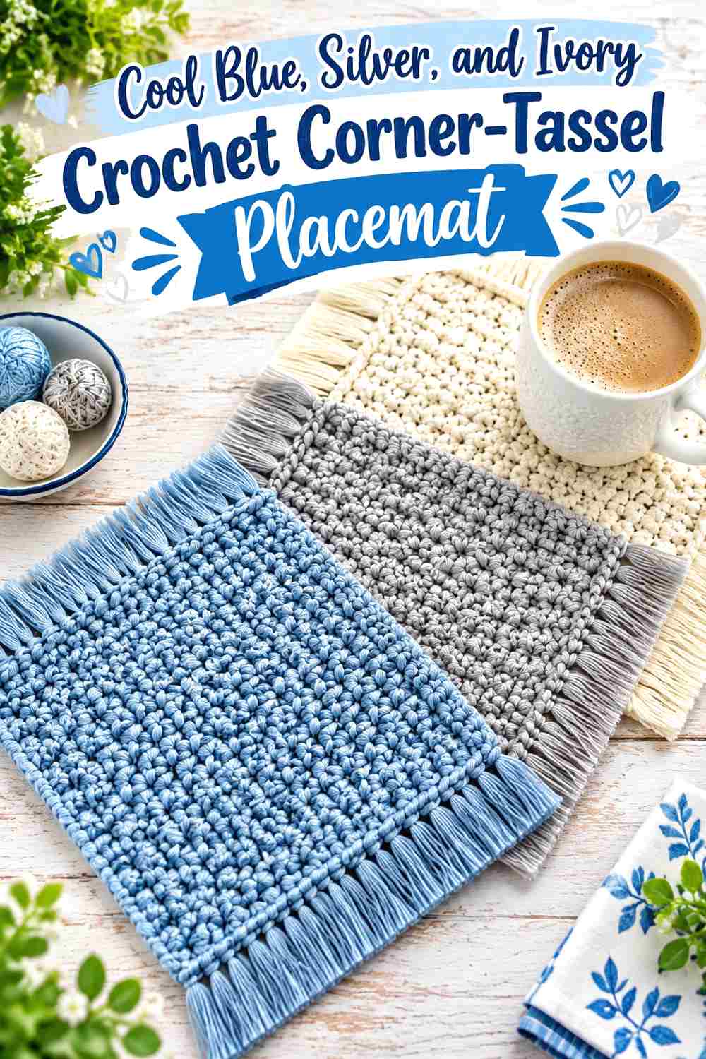 13. Cool Blue Silver And Ivory Crochet Corner Tassel Placemat