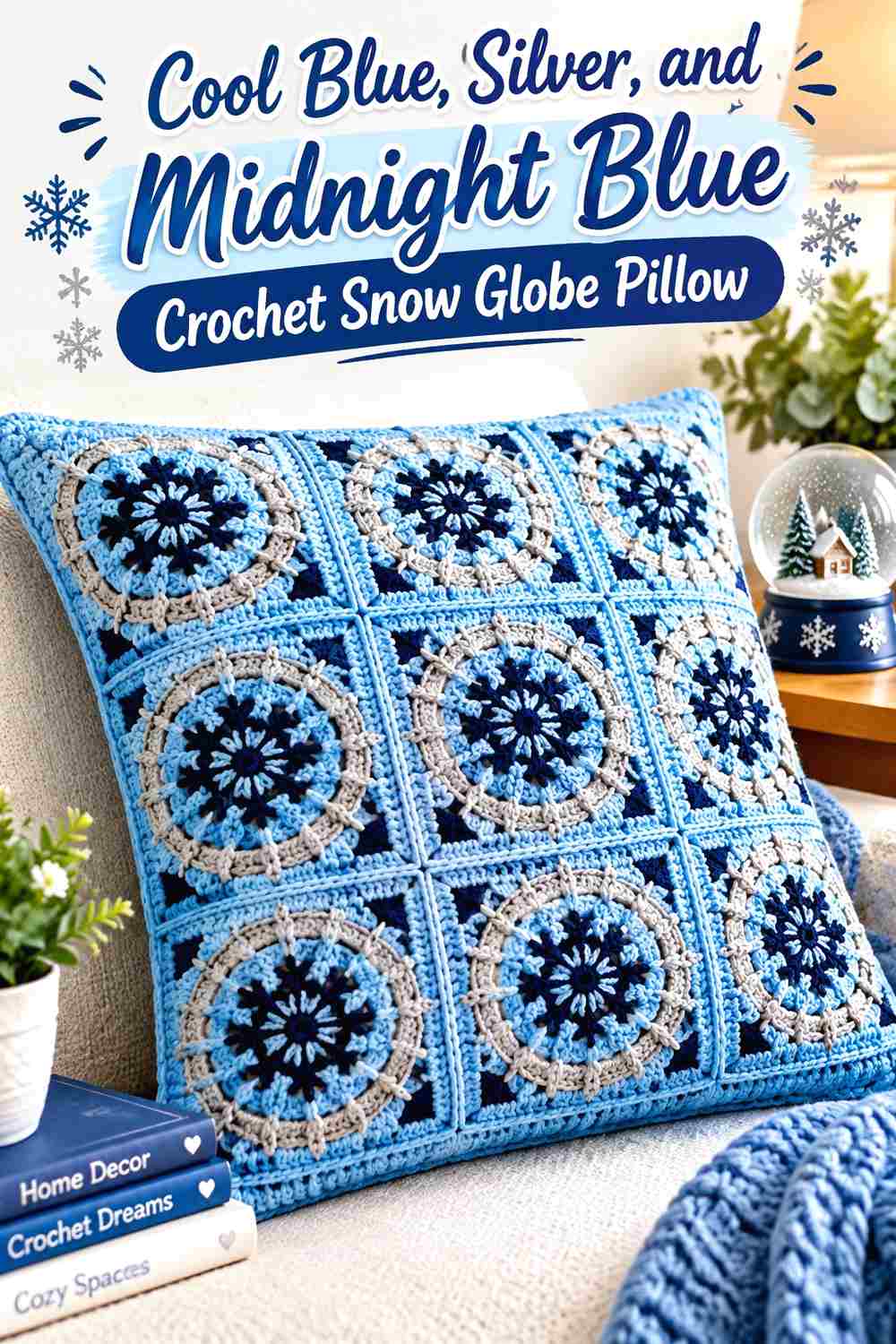9. Cool Blue Silver And Midnight Blue Crochet Snow Globe Pillow
