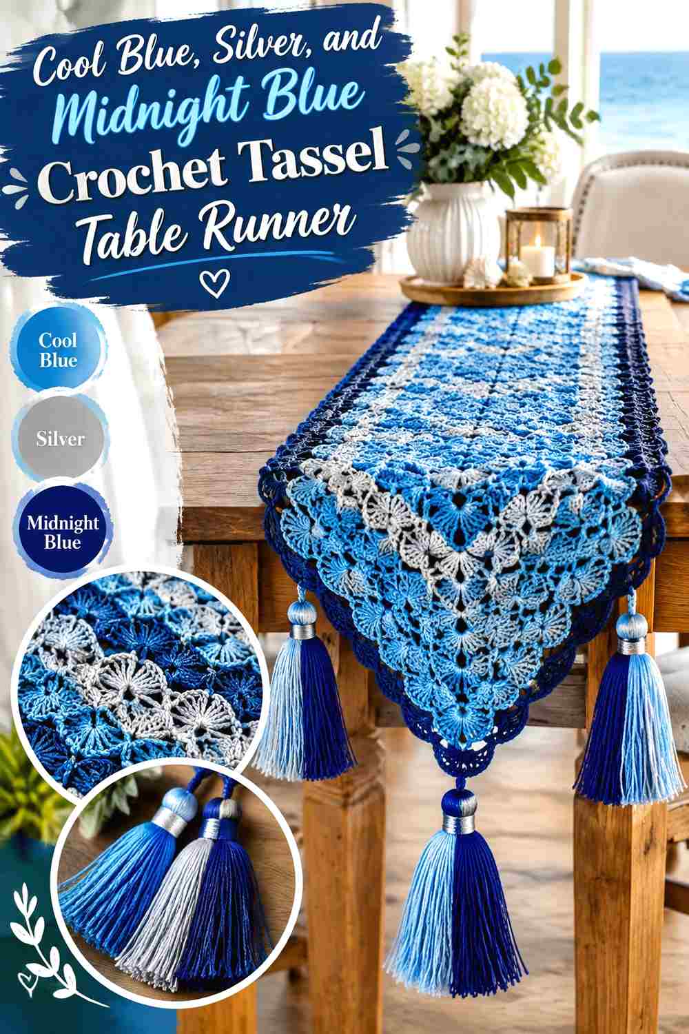 12. Cool Blue Silver And Midnight Blue Crochet Tassel Table Runner