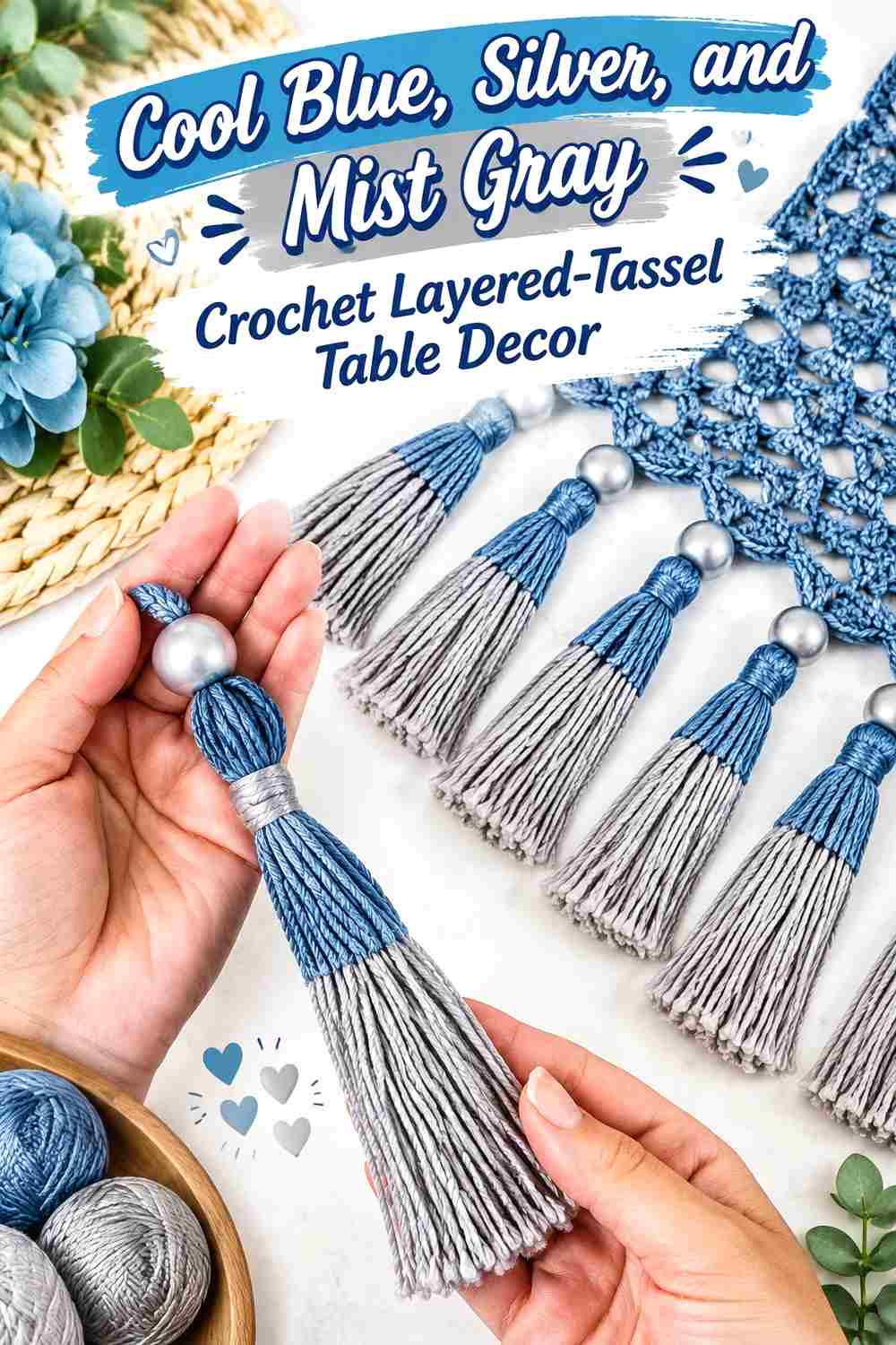 18. Cool Blue Silver And Mist Gray Crochet Layered Tassel Table Decor