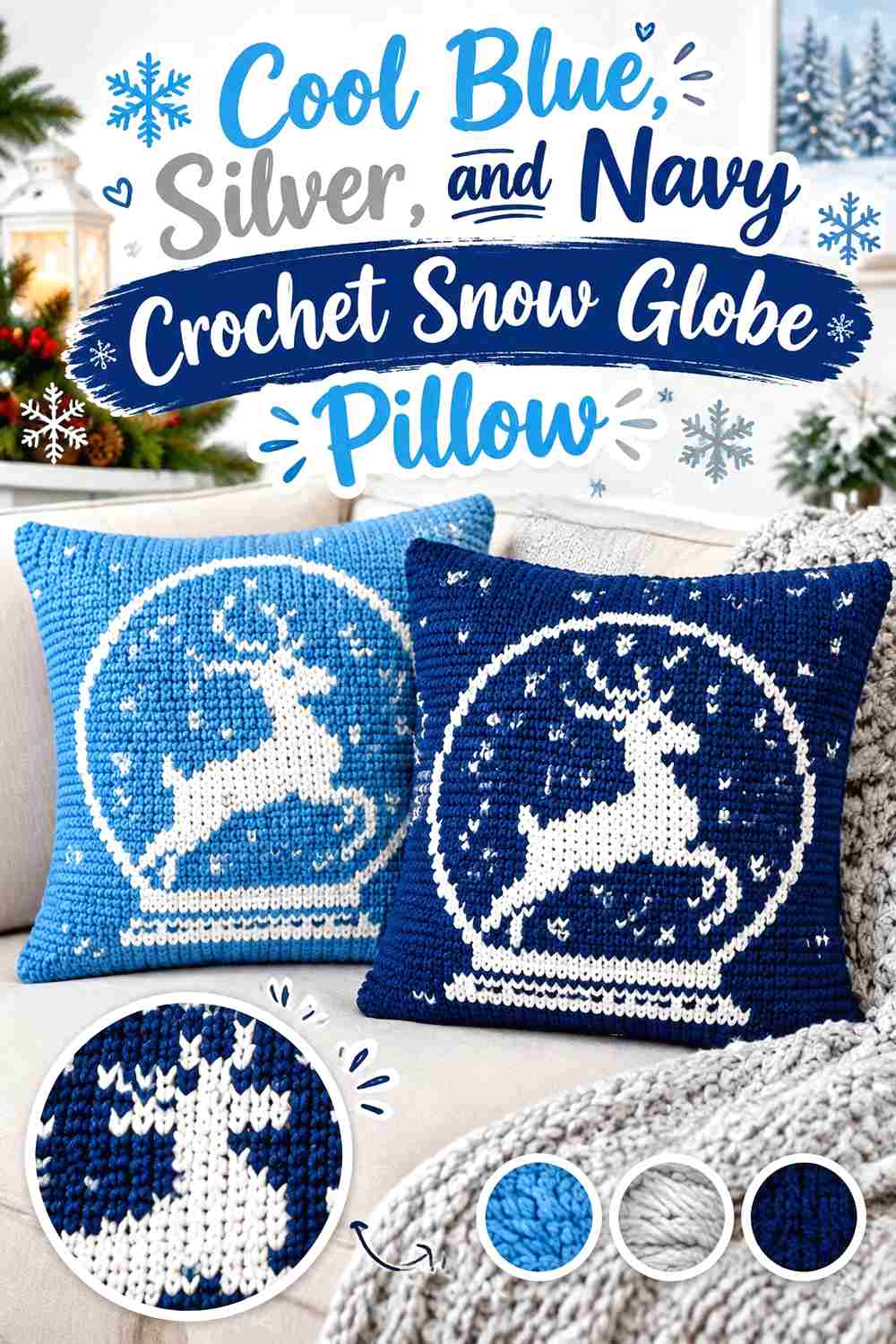 4. Cool Blue Silver And Navy Crochet Snow Globe Pillow