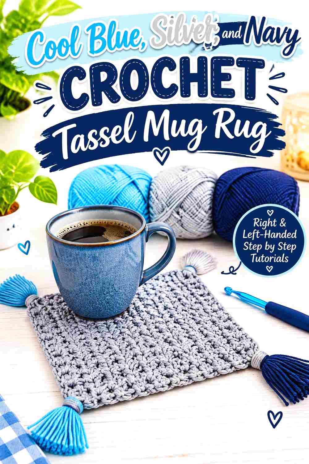6. Cool Blue Silver And Navy Crochet Tassel Mug Rug
