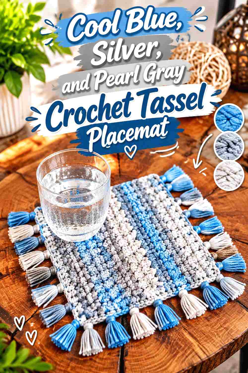 9. Cool Blue Silver And Pearl Gray Crochet Tassel Placemat