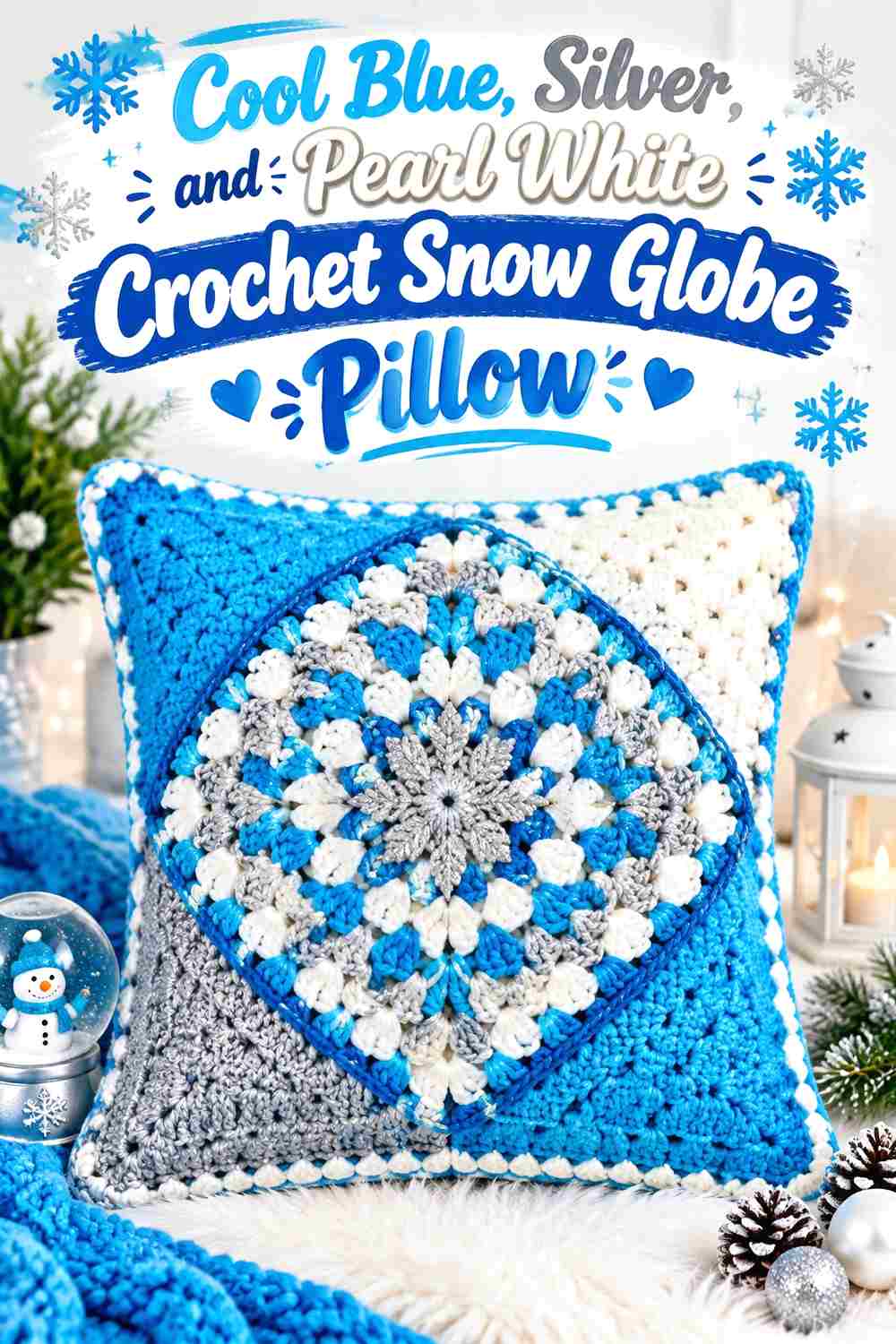 10. Cool Blue Silver And Pearl White Crochet Snow Globe Pillow