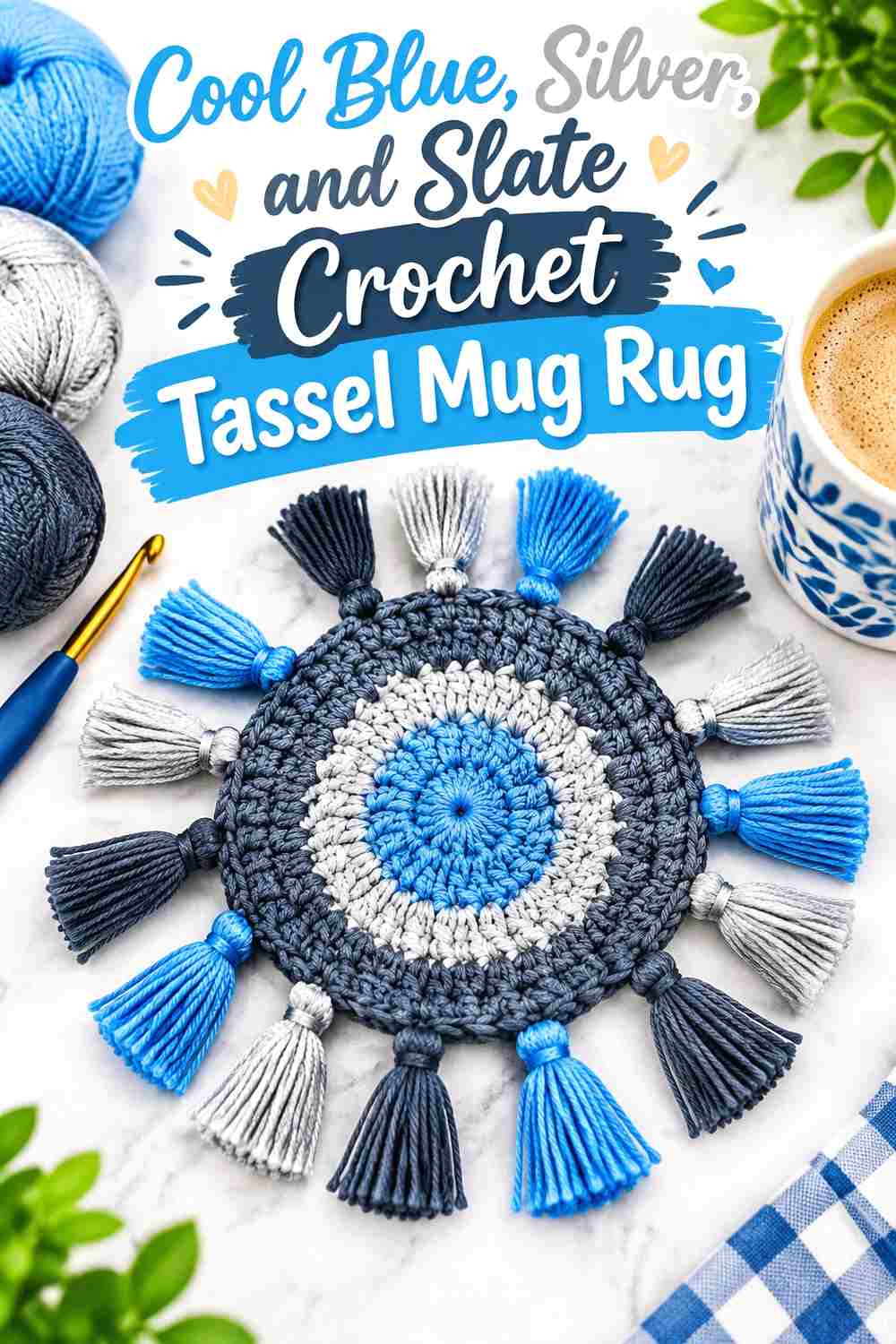 14. Cool Blue Silver And Slate Crochet Tassel Mug Rug