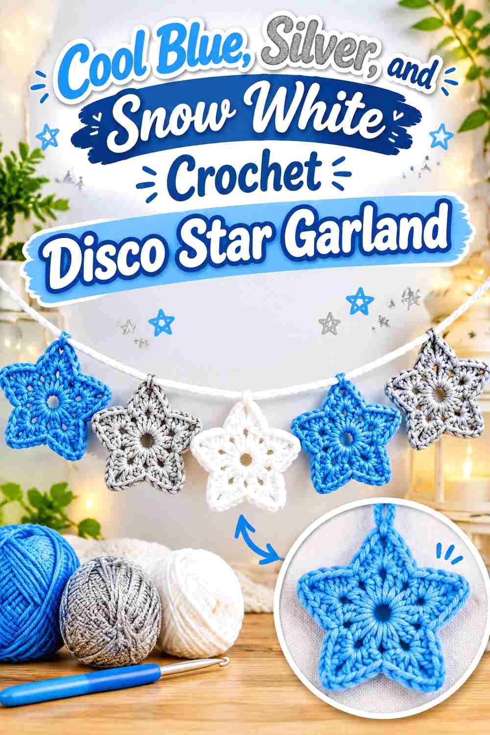 2. Cool Blue Silver And Snow White Crochet Disco Star Garland