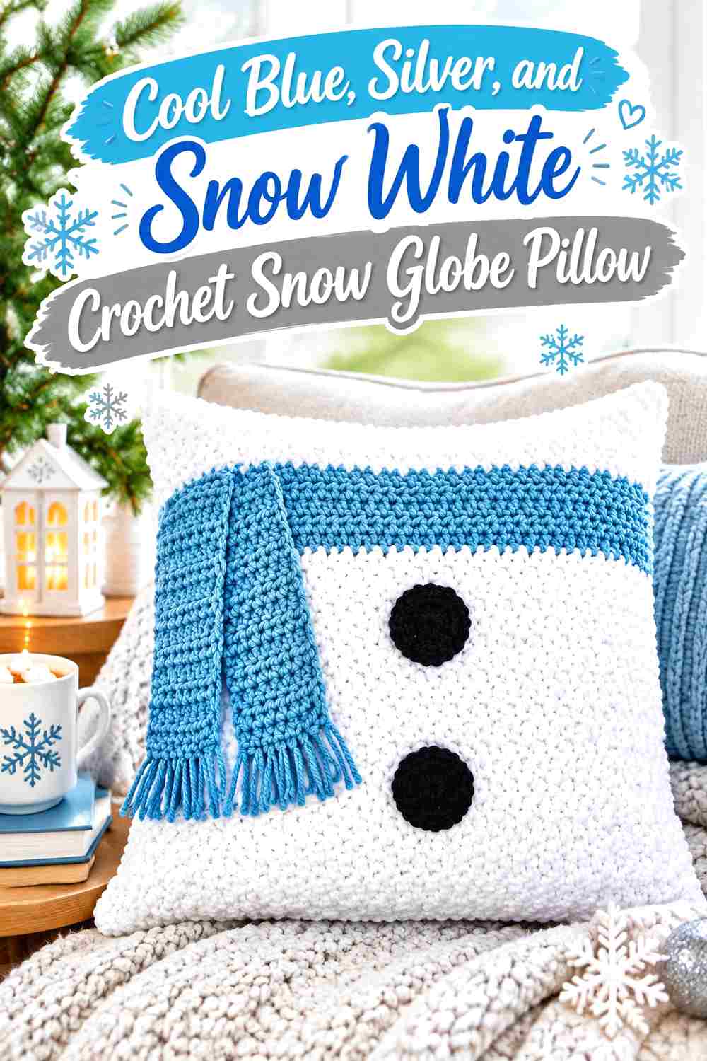 2. Cool Blue Silver And Snow White Crochet Snow Globe Pillow