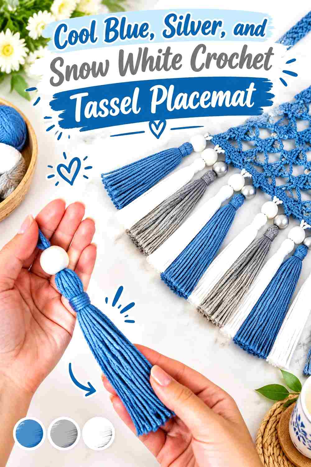 5. Cool Blue Silver And Snow White Crochet Tassel Placemat