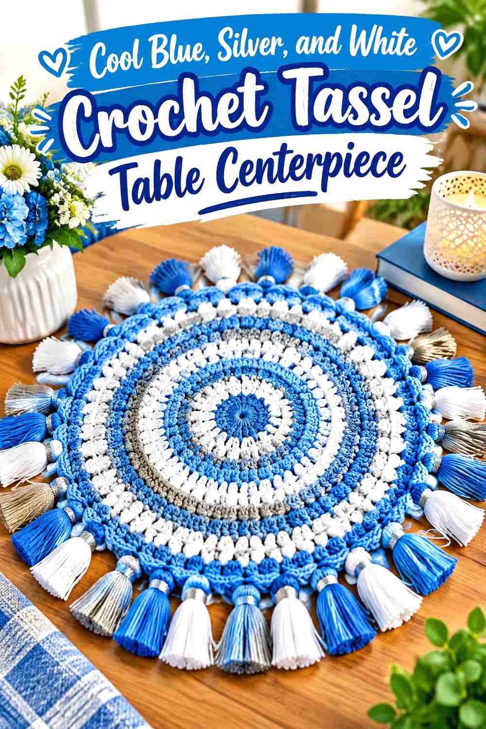 15. Cool Blue Silver And White Crochet Tassel Table Centerpiece