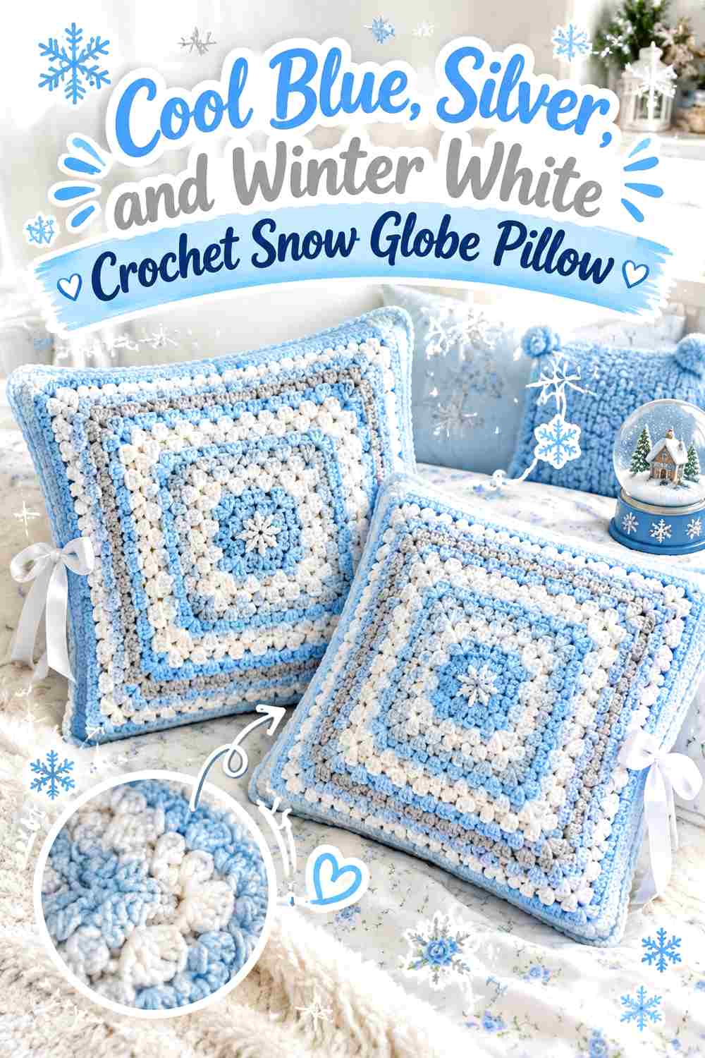 13. Cool Blue Silver And Winter White Crochet Snow Globe Pillow