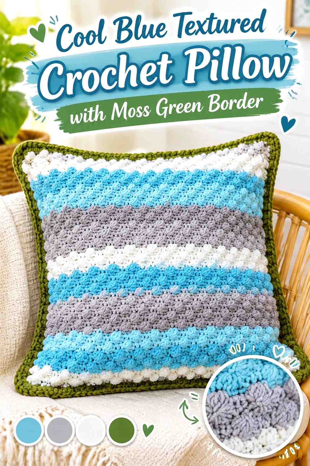 9. Cool Blue Textured Crochet Pillow With Moss Green Border