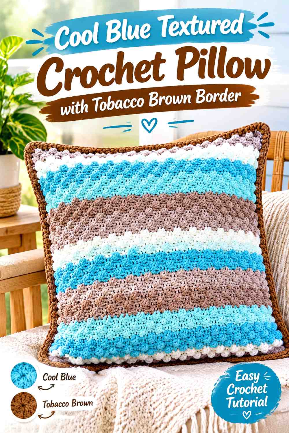9. Cool Blue Textured Crochet Pillow With Tobacco Brown Border
