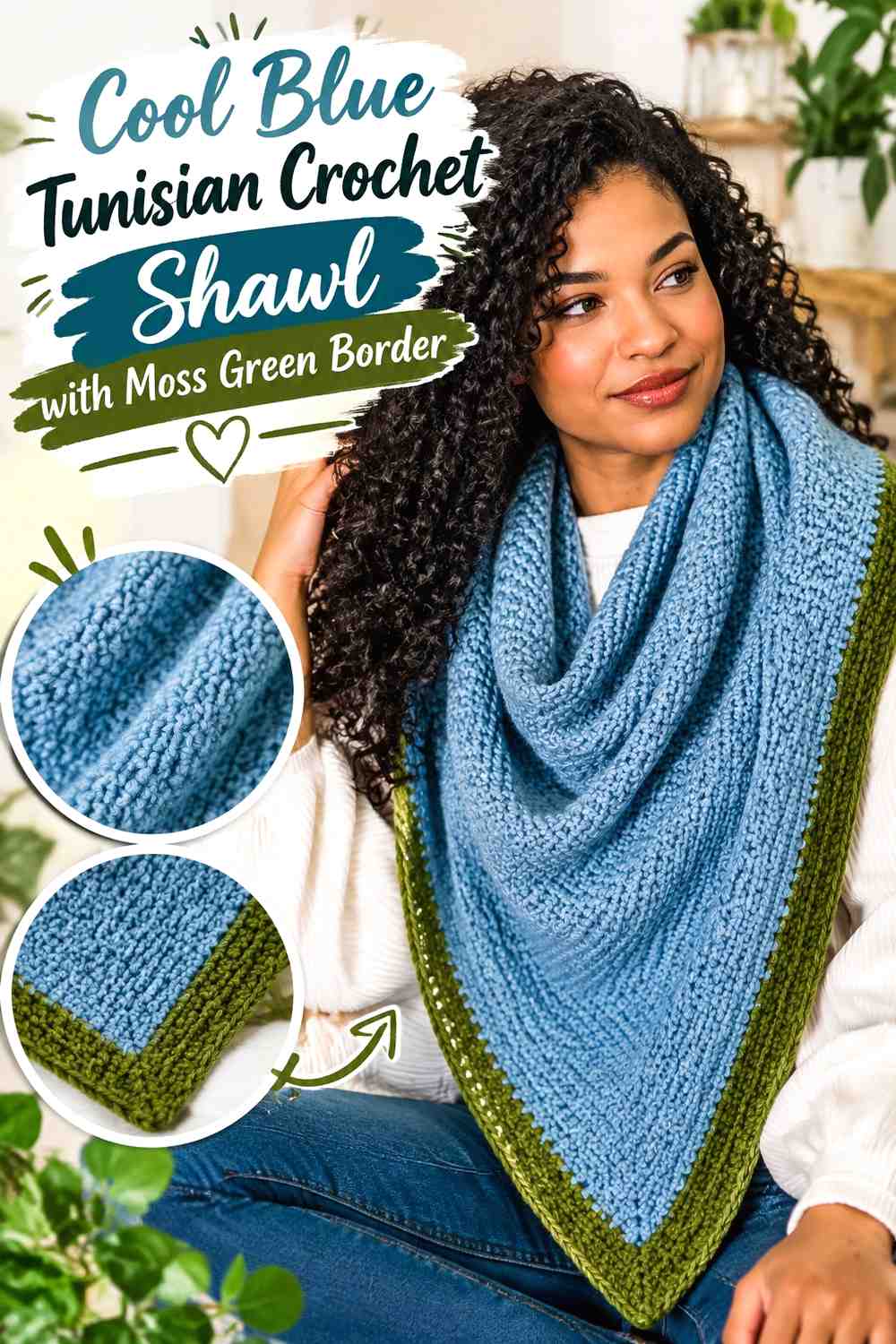 17. Cool Blue Tunisian Crochet Shawl With Moss Green Border