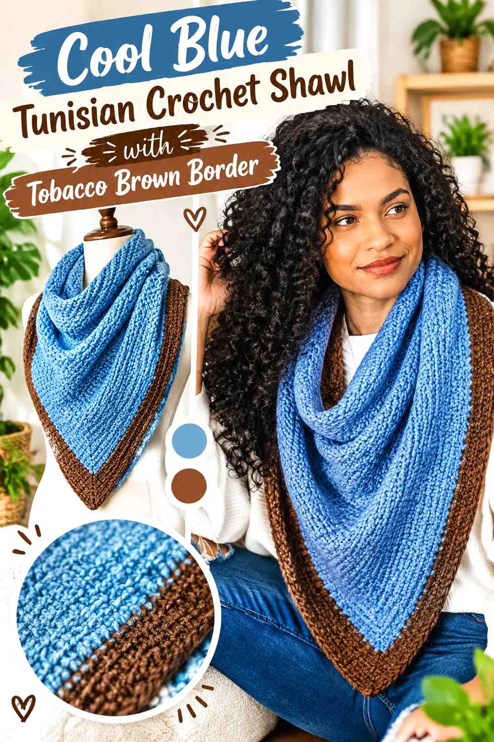 13. Cool Blue Tunisian Crochet Shawl With Tobacco Brown Border
