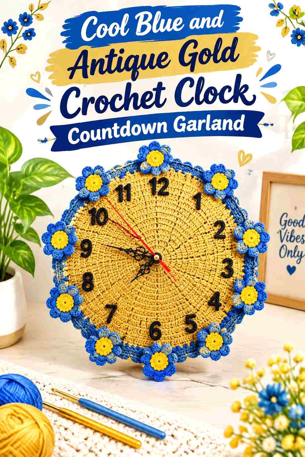 2. Cool Blue And Antique Gold Crochet Clock Countdown Garland