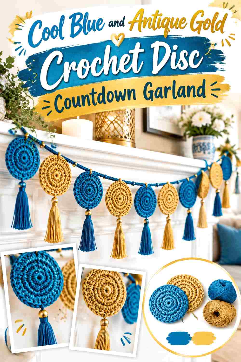 9. Cool Blue And Antique Gold Crochet Disc Countdown Garland