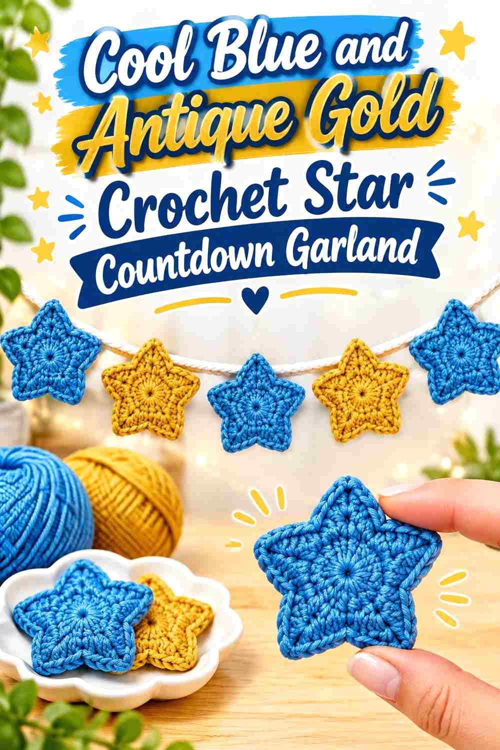 6. Cool Blue And Antique Gold Crochet Star Countdown Garland