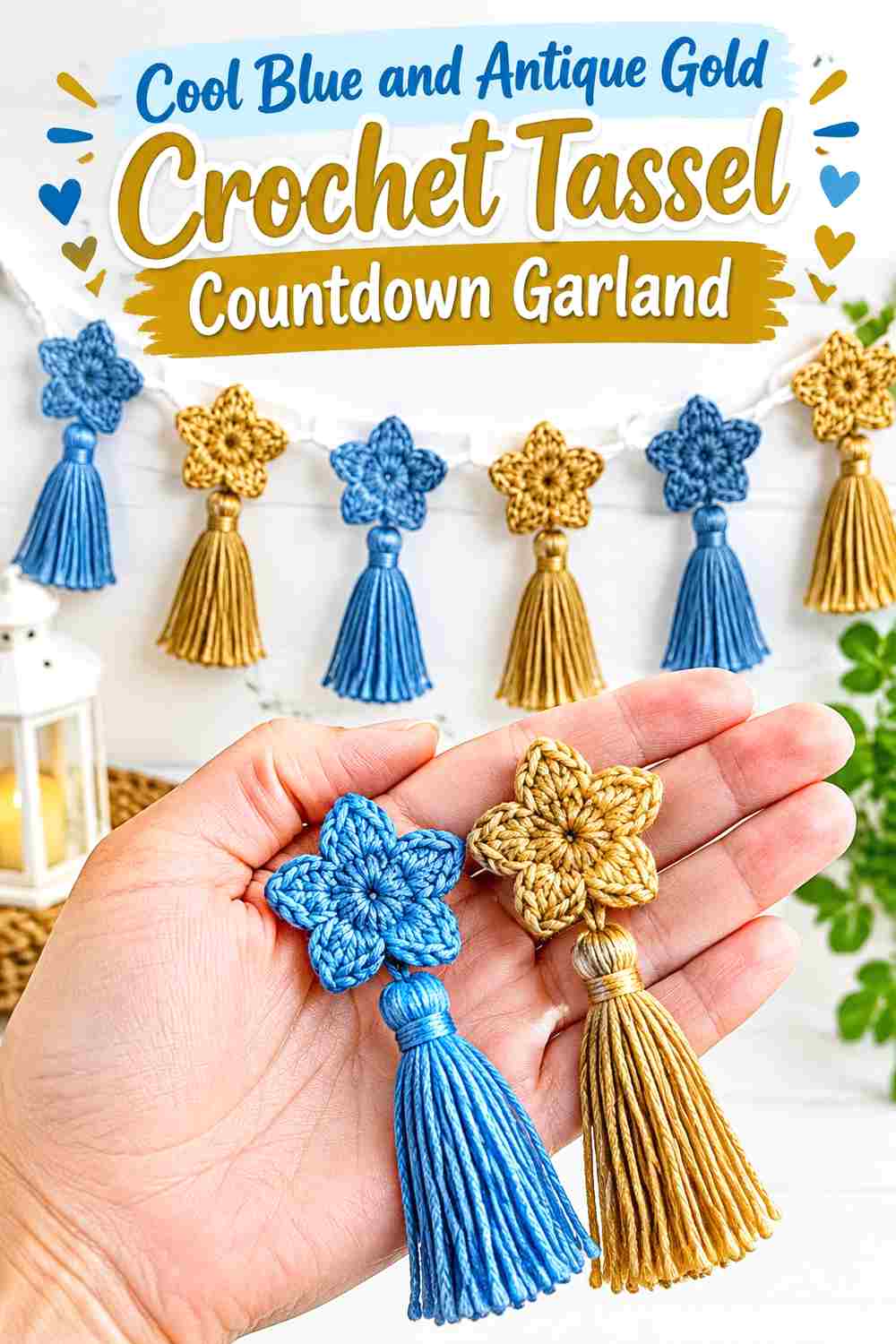 4. Cool Blue And Antique Gold Crochet Tassel Countdown Garland