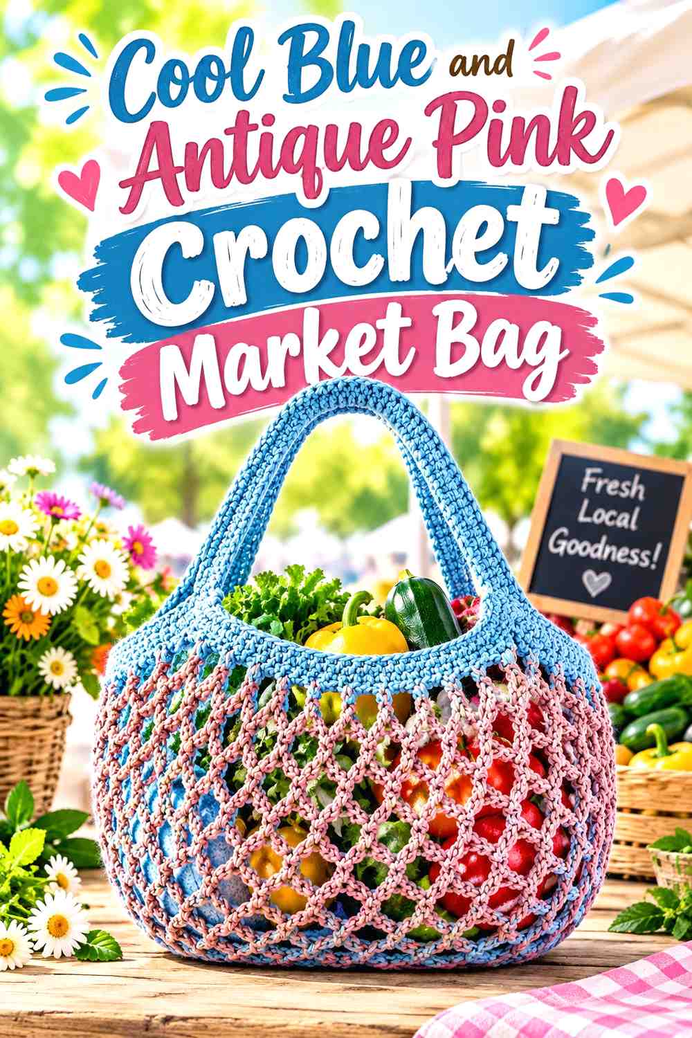 13. Cool Blue And Antique Pink Crochet Market Bag