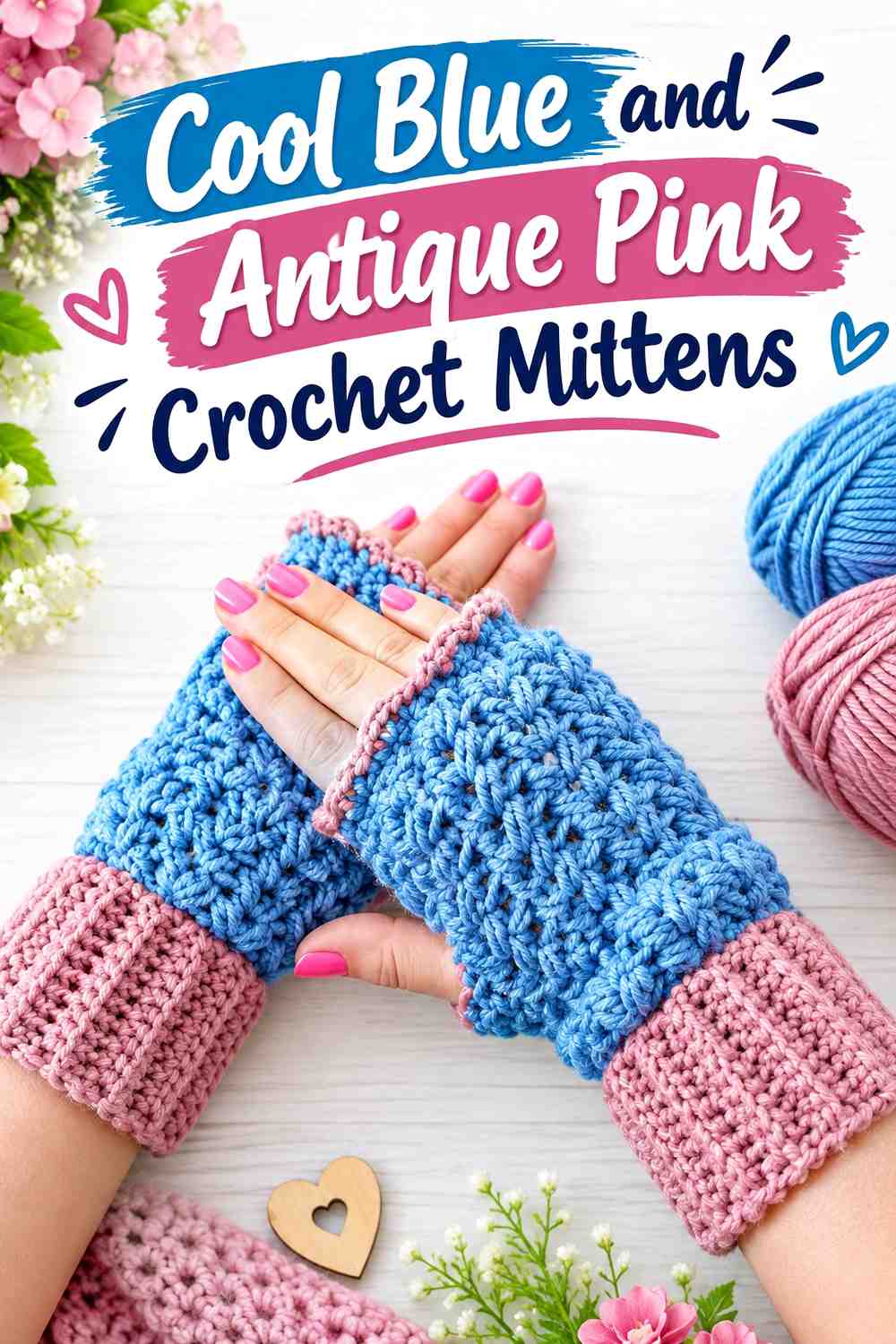 20. Cool Blue And Antique Pink Crochet Mittens