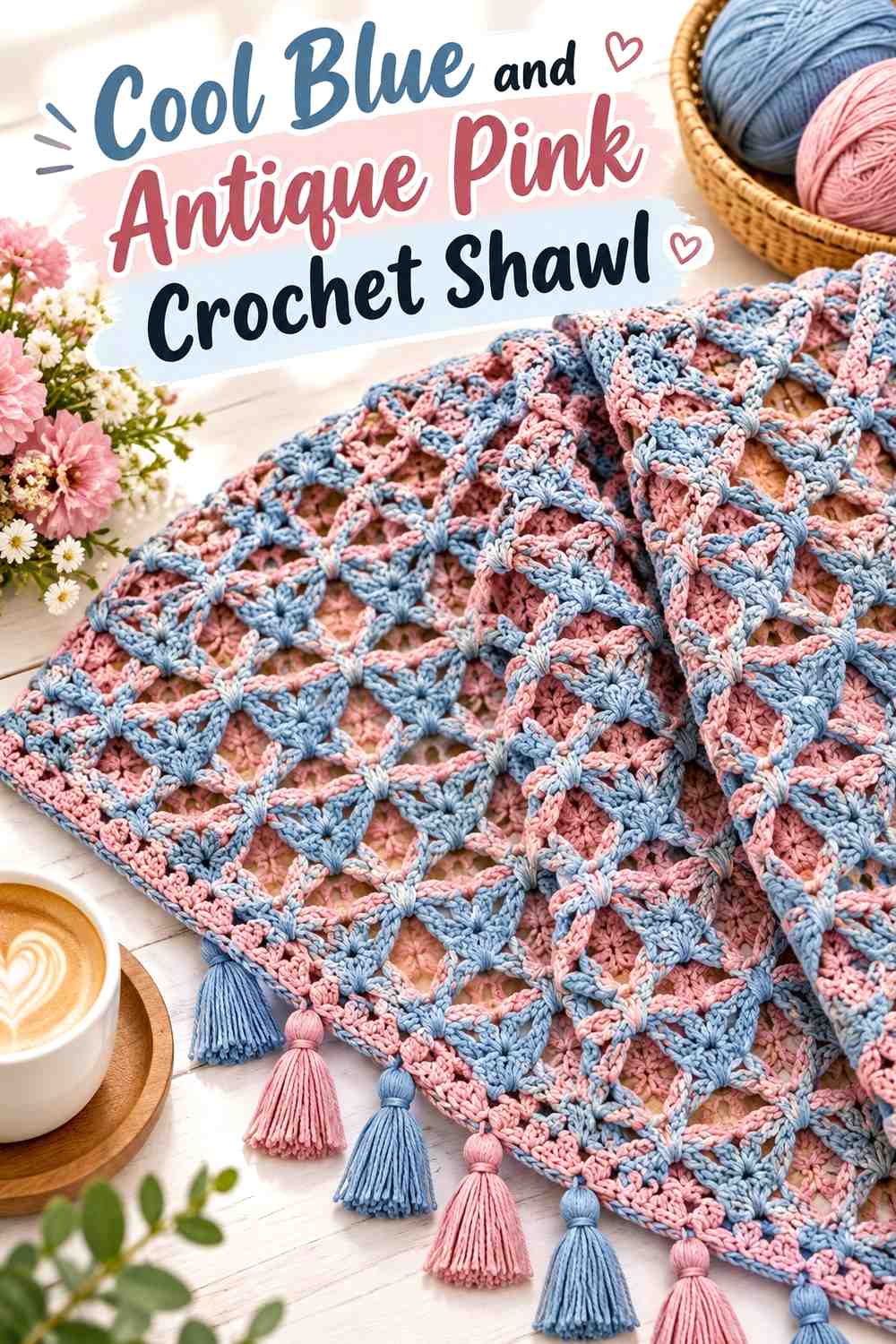 19. Cool Blue And Antique Pink Crochet Shawl