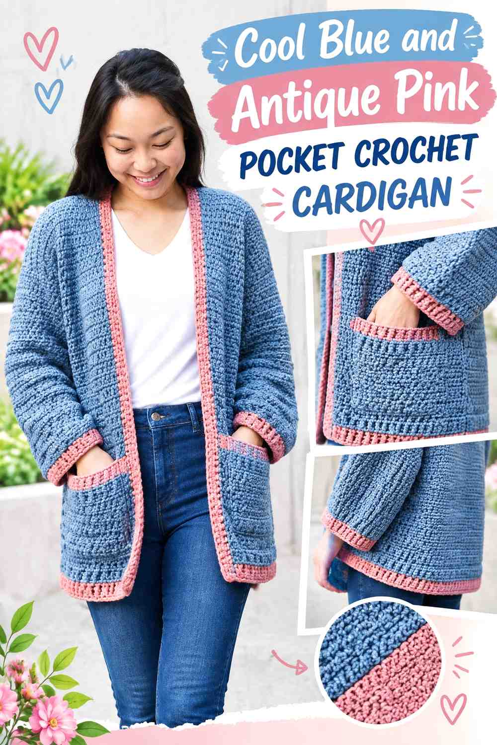 8. Cool Blue And Antique Pink Pocket Crochet Cardigan