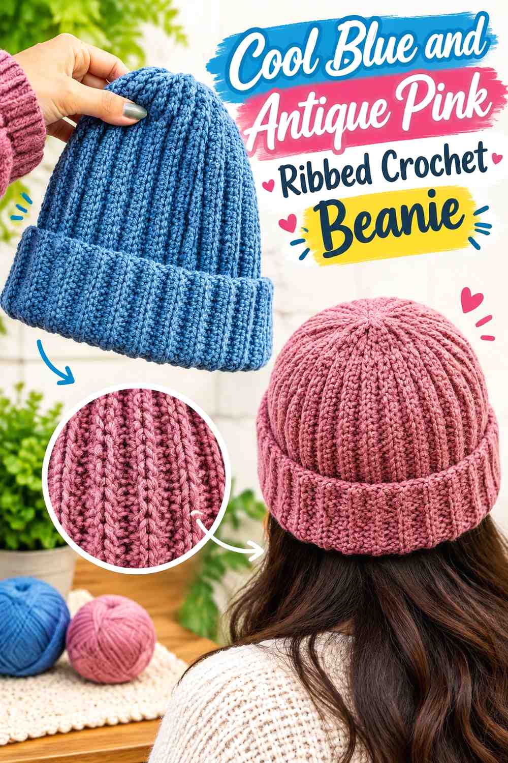 2. Cool Blue And Antique Pink Ribbed Crochet Beanie