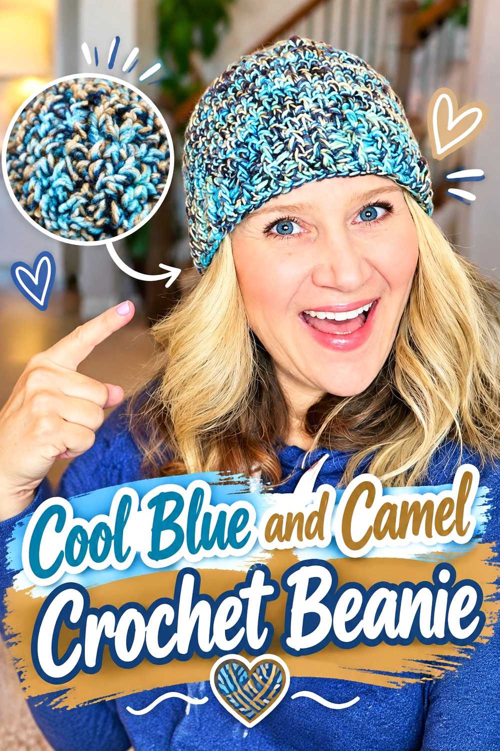 16. Cool Blue And Camel Crochet Beanie