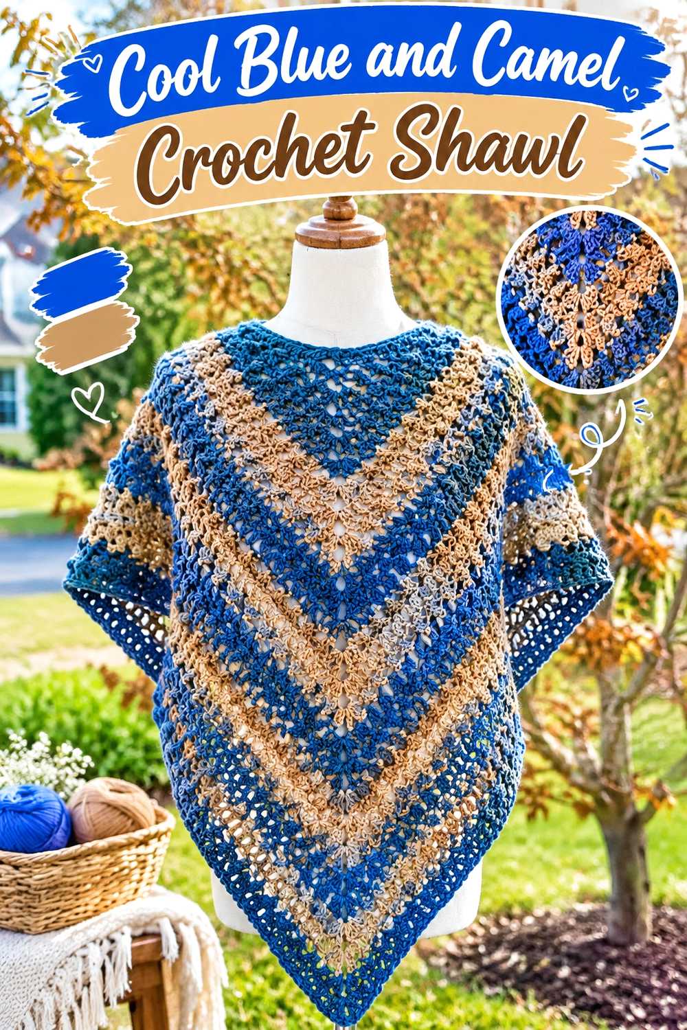 7. Cool Blue And Camel Crochet Shawl