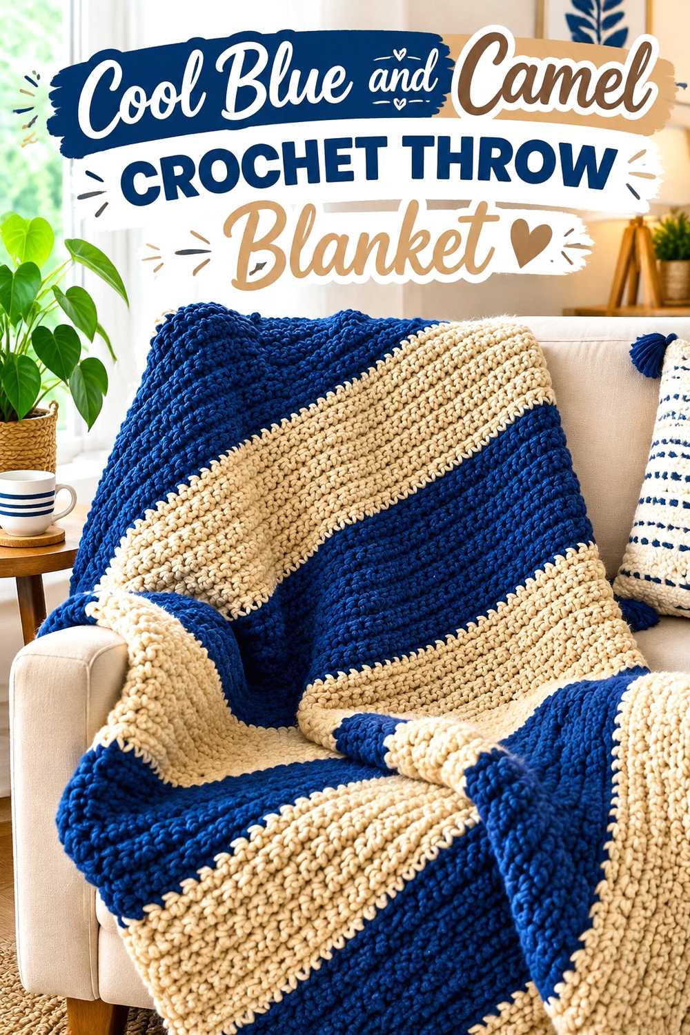 1. Cool Blue And Camel Crochet Throw Blanket