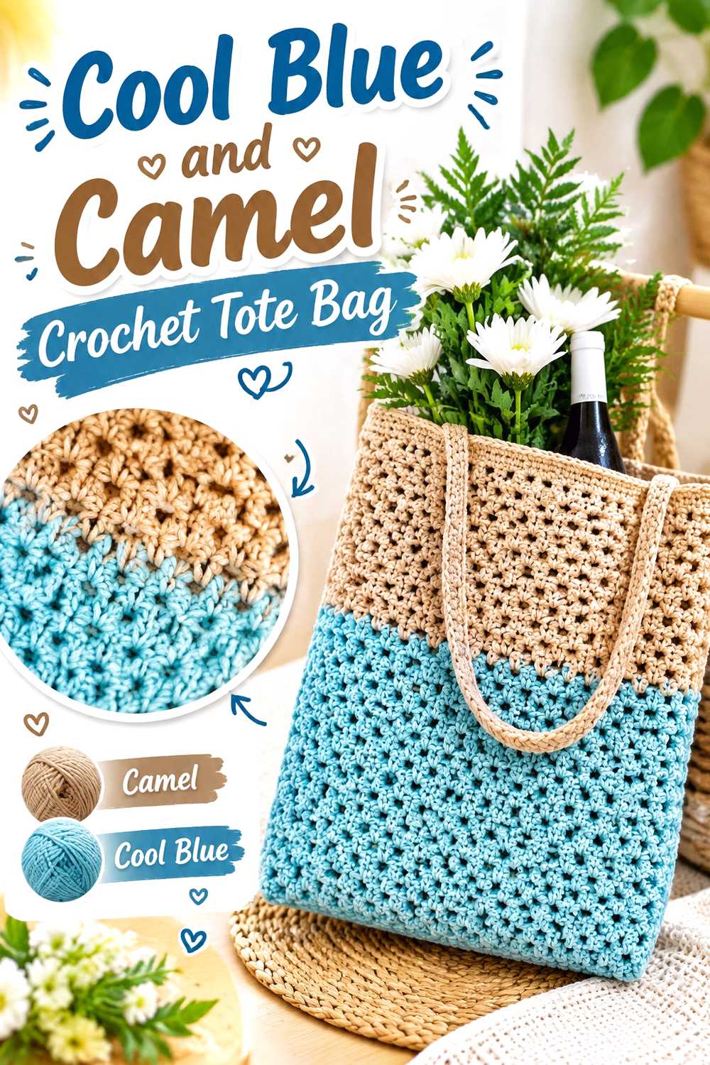 3. Cool Blue And Camel Crochet Tote Bag