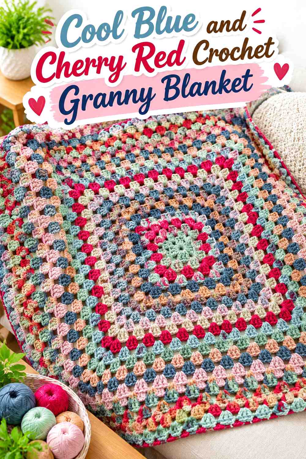 4. Cool Blue And Cherry Red Crochet Granny Blanket